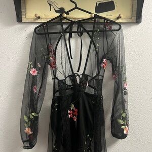 Floral Embroidered Black Sheer Dress